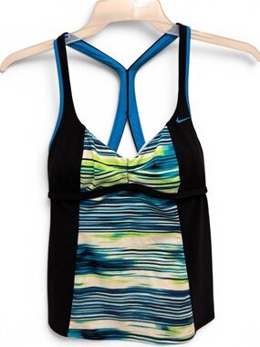 Nike Women’s Tankini Swim Top Size 10 Black with Blue Striped Racerback